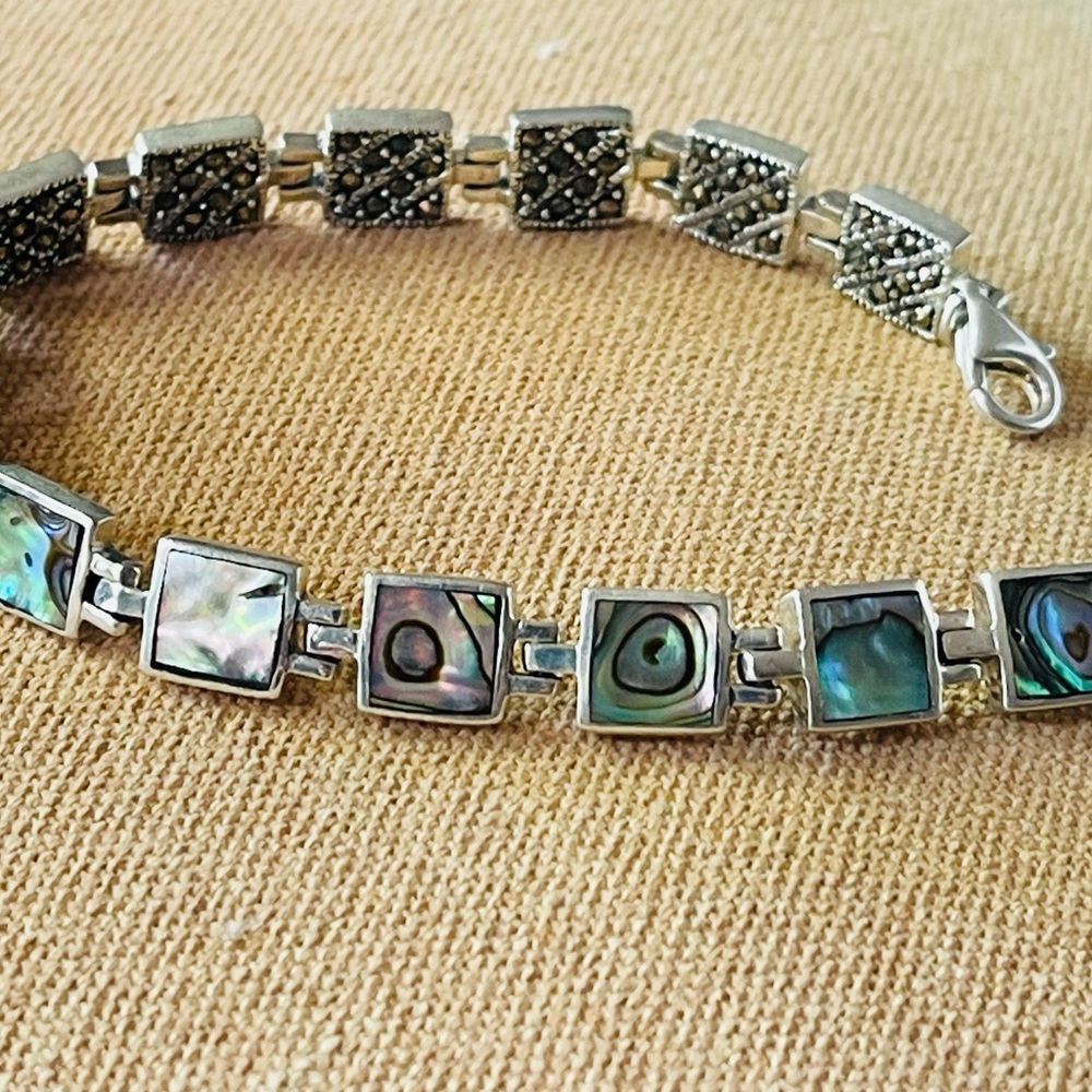 Vintage Sterling Silver Abalone Marcasite Panel Bracelet Beautiful 6.5”